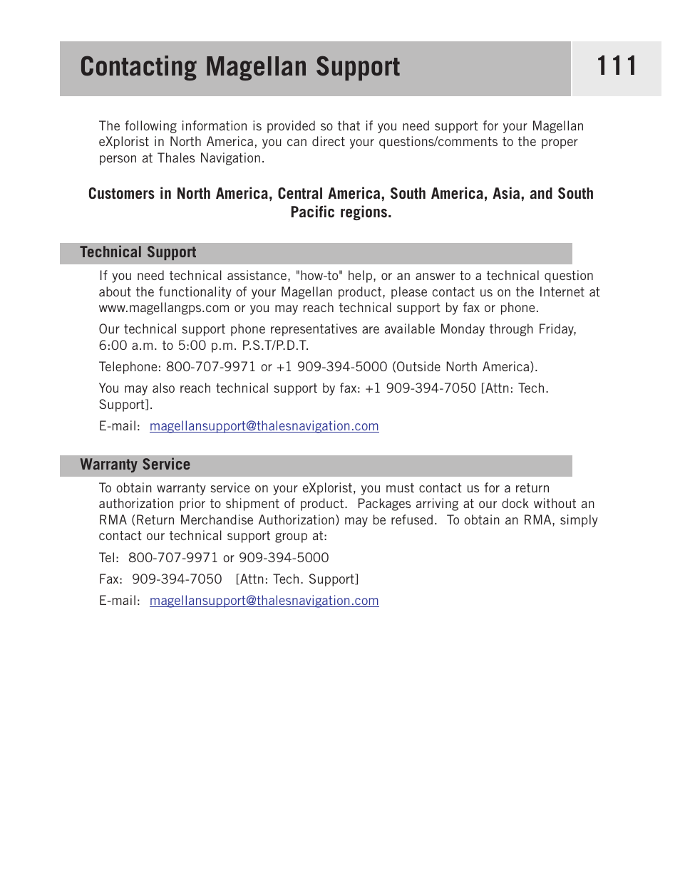 Contacting magellan support | Magellan 500 User Manual | Page 118 / 119