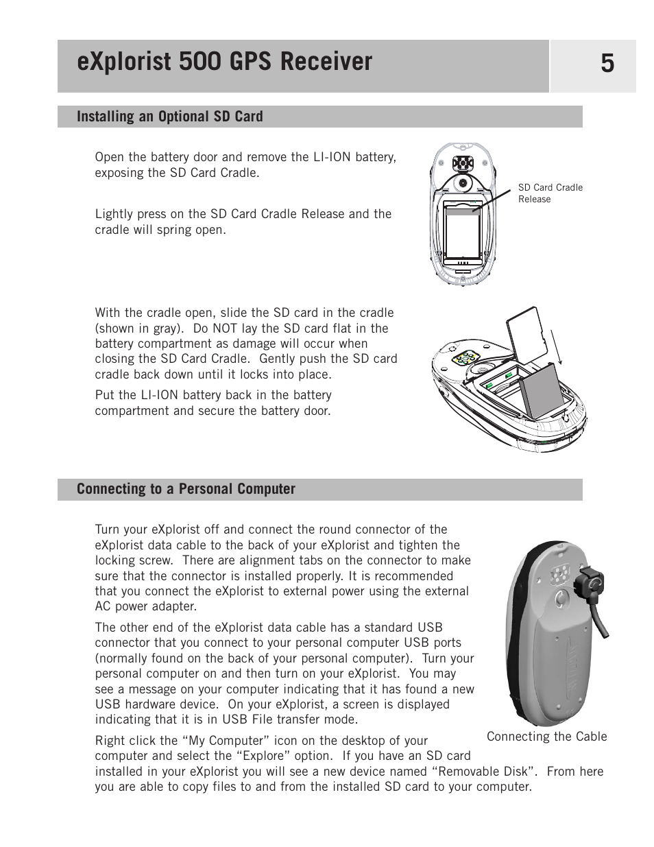 Installing an optional sd card, Connecting to a personal computer, Explorist 500 gps receiver 5 | Magellan 500 User Manual | Page 12 / 119