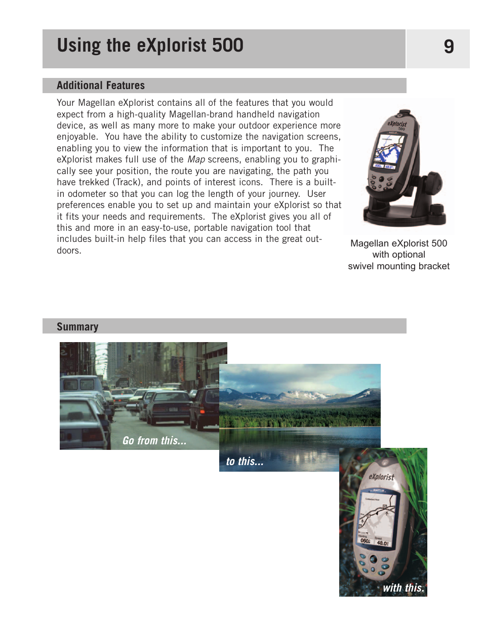 Additional features, Summary, Using the explorist 500 9 | Magellan 500 User Manual | Page 16 / 119