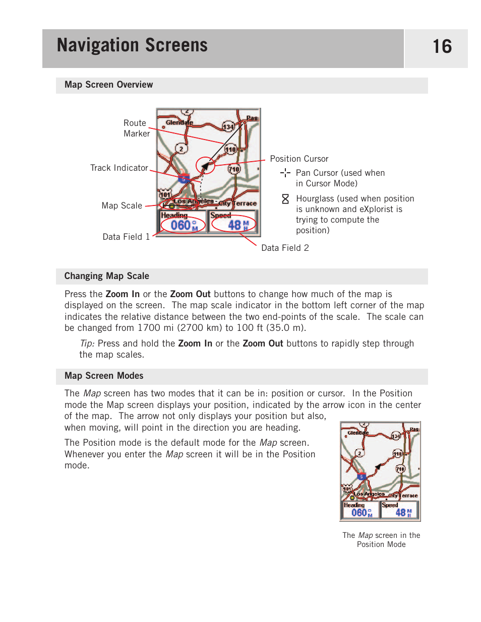 Map screen overview, Changing map scale, Map screen modes | Navigation screens 16 | Magellan 500 User Manual | Page 23 / 119