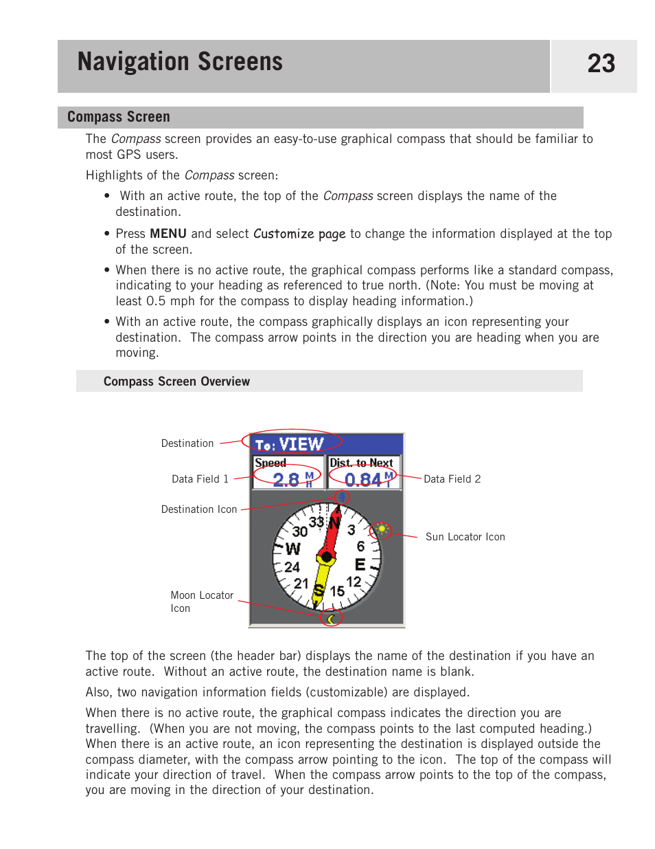 Compass screen, Compass screen overview, Navigation screens 23 | Magellan 500 User Manual | Page 30 / 119