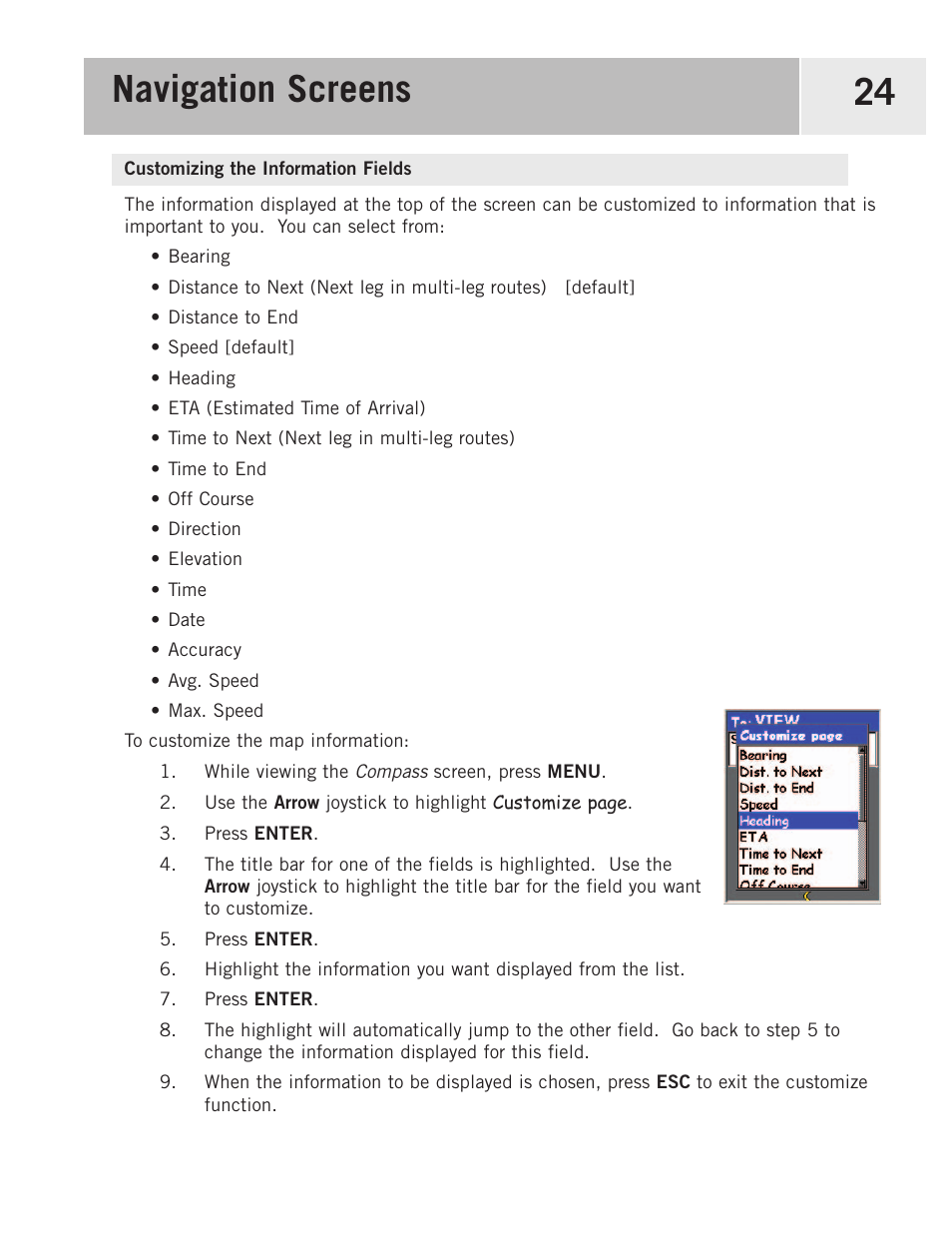 Customizing the information fields, Navigation screens 24 | Magellan 500 User Manual | Page 31 / 119