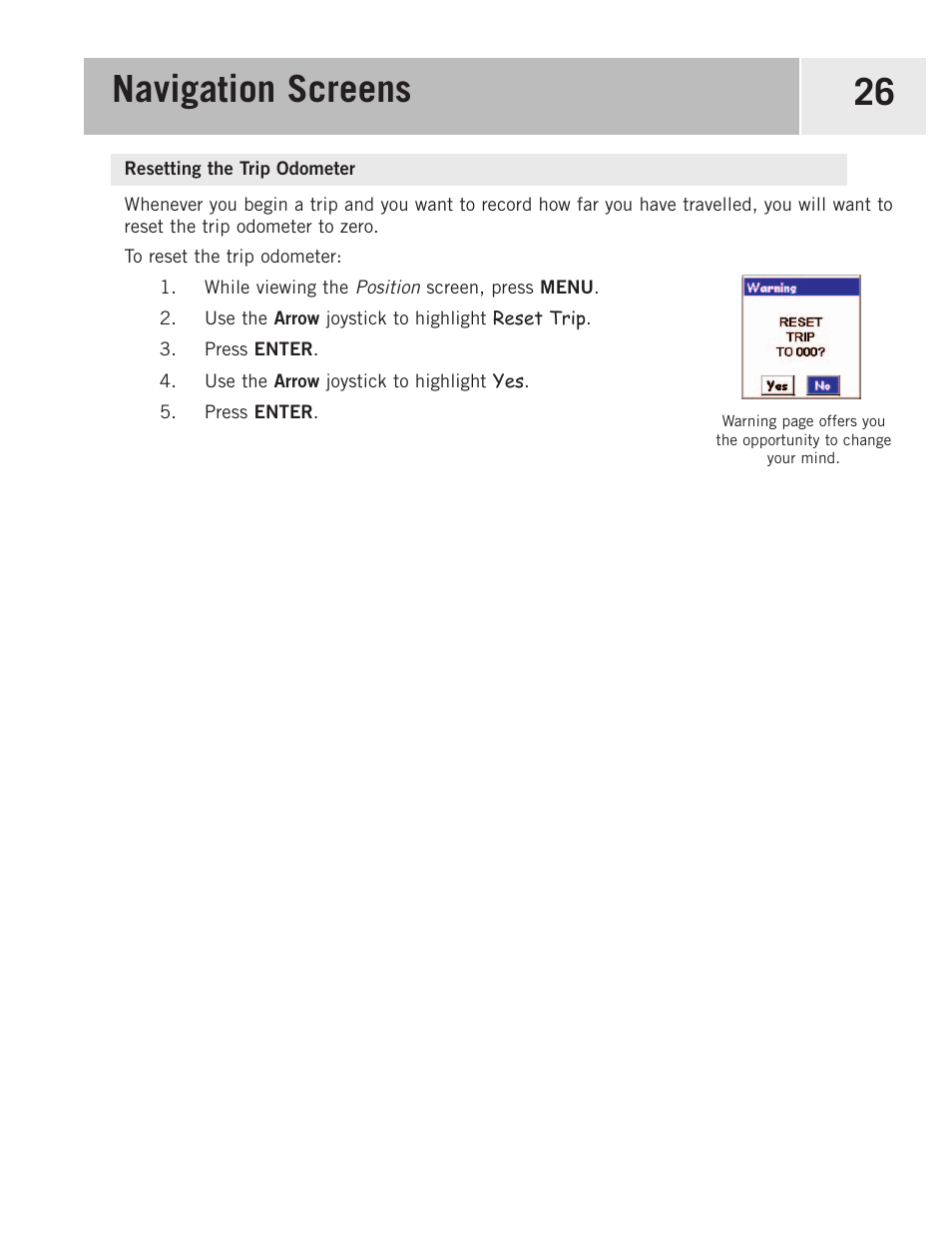 Resetting the trip odometer, Navigation screens 26 | Magellan 500 User Manual | Page 33 / 119