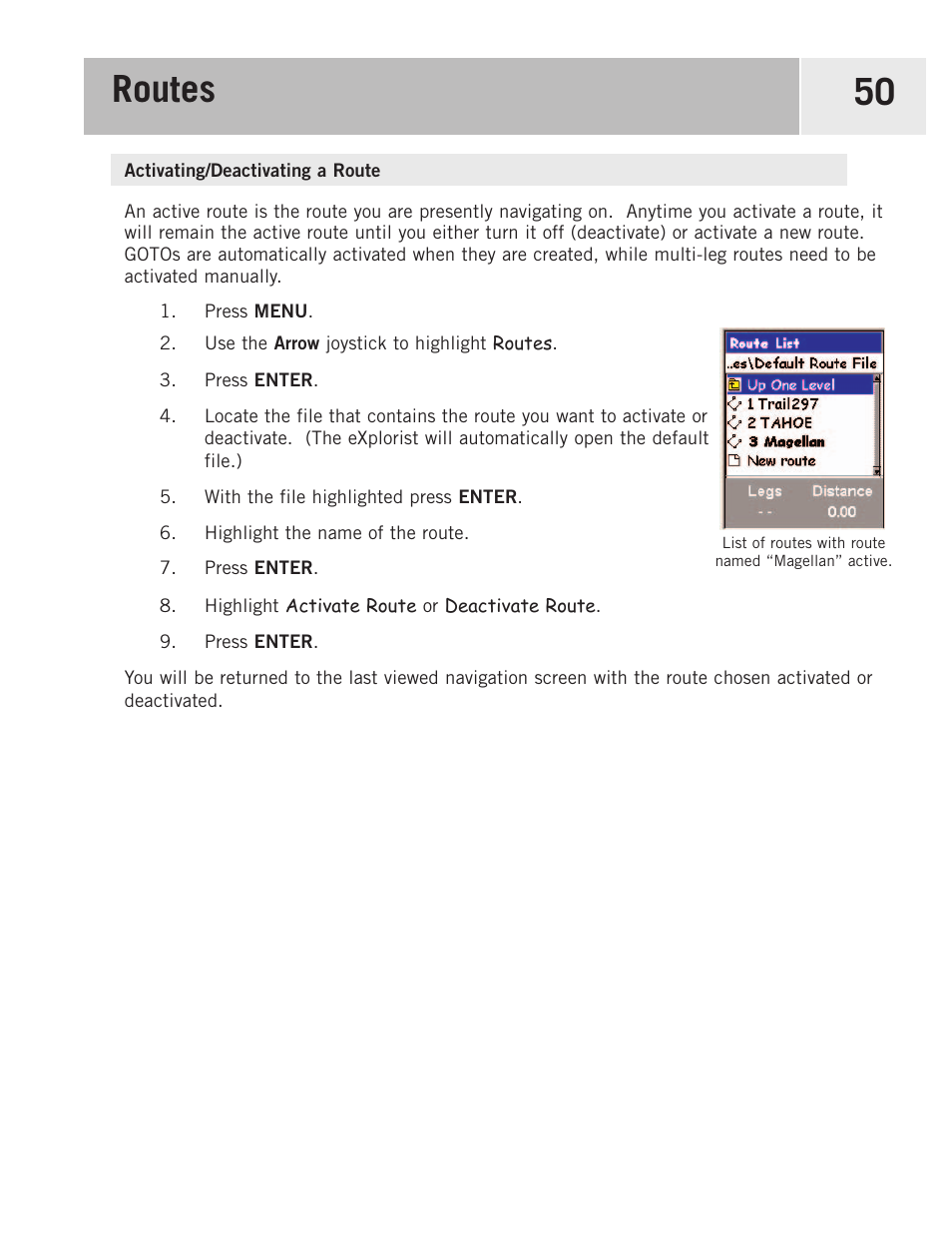 Activating/deactivating a route, Routes 50 | Magellan 500 User Manual | Page 57 / 119