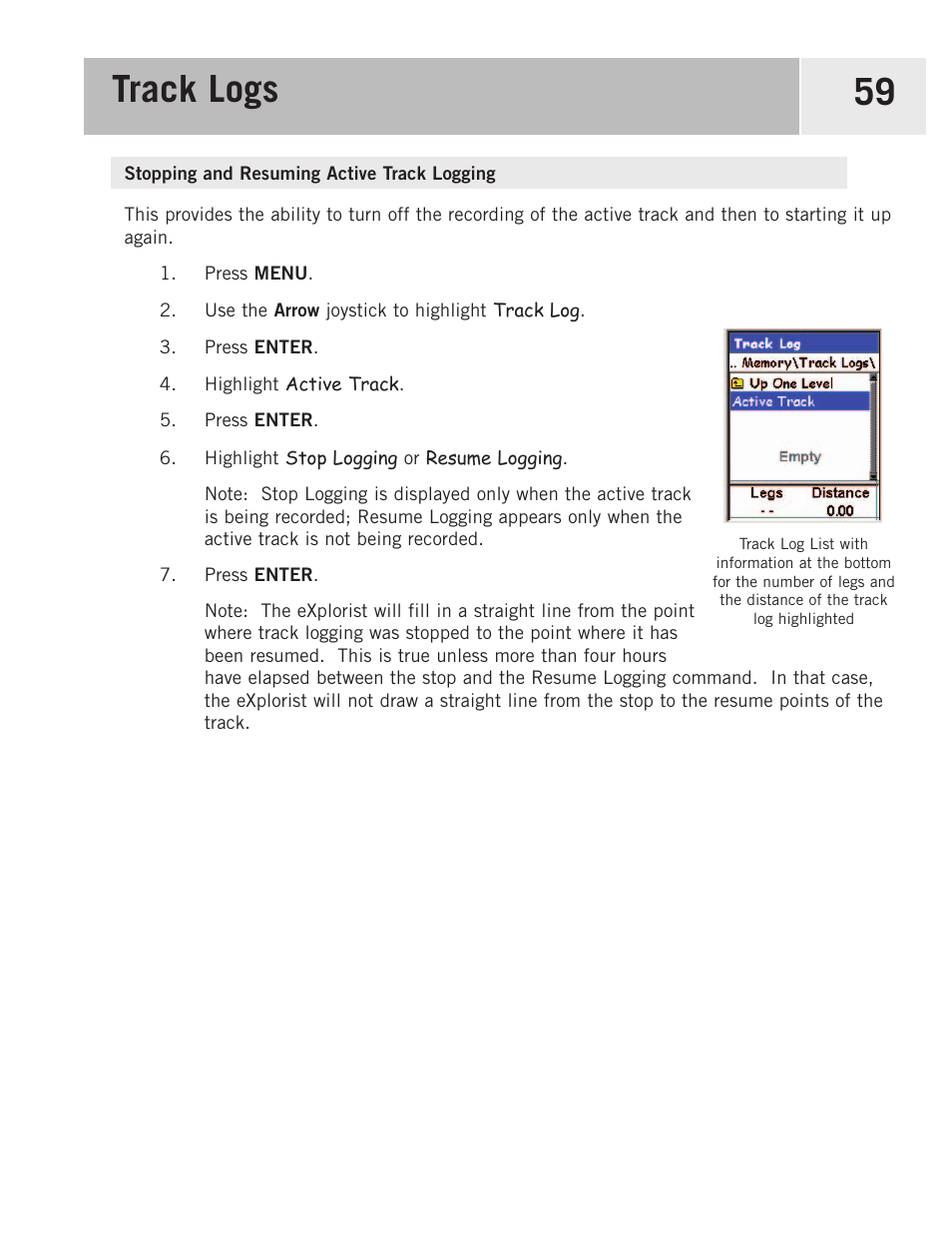 Stopping and resuming active track logging, Track logs 59 | Magellan 500 User Manual | Page 66 / 119