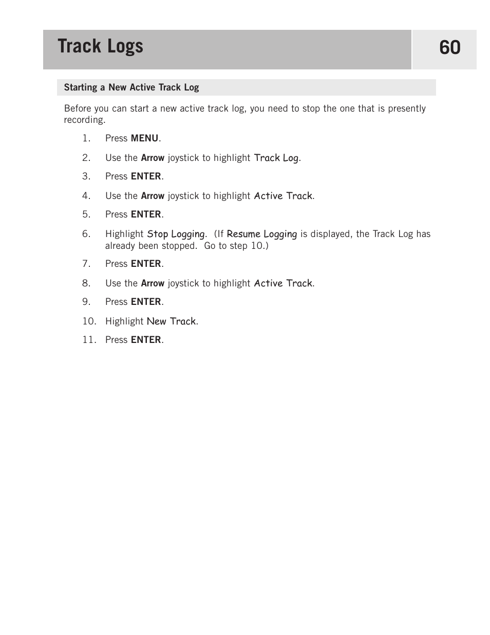 Starting a new active track log, Track logs 60 | Magellan 500 User Manual | Page 67 / 119