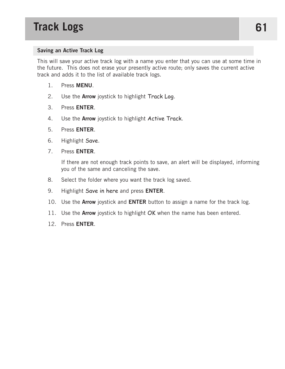 Saving an active track log, Track logs 61 | Magellan 500 User Manual | Page 68 / 119