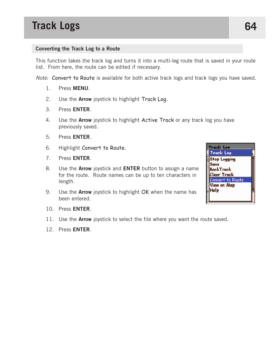 Converting the track log to a route, Track logs 64 | Magellan 500 User Manual | Page 71 / 119