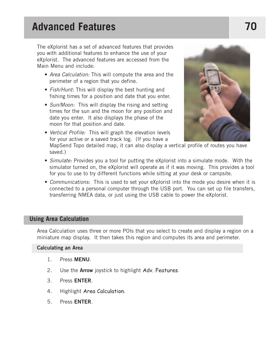 Advanced features, Using area calculation, Calculating an area | Magellan 500 User Manual | Page 77 / 119