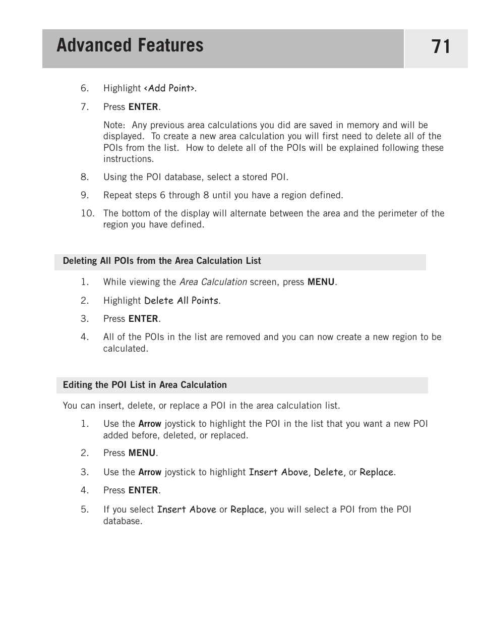 Deleting all pois from the area calculation list, Editing the poi list in area calculation, Advanced features 71 | Magellan 500 User Manual | Page 78 / 119