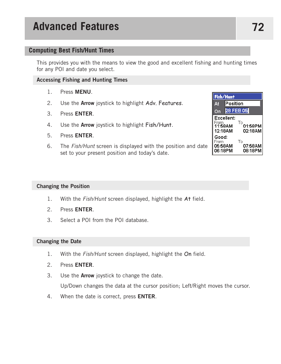 Computing best fish/hunt times, Accessing fishing and hunting times, Changing the position | Changing the date, Advanced features 72 | Magellan 500 User Manual | Page 79 / 119