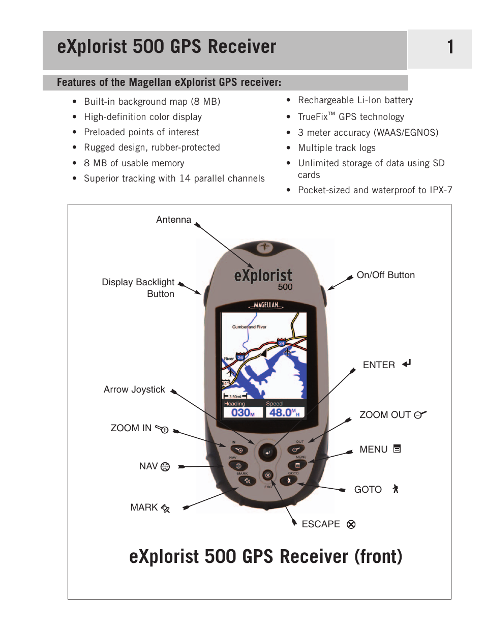 Explorist 500, Features, Explorist 500 gps receiver | Features of the magellan explorist gps receiver, Explorist 500 gps receiver 1, Explorist 500 gps receiver (front) | Magellan 500 User Manual | Page 8 / 119