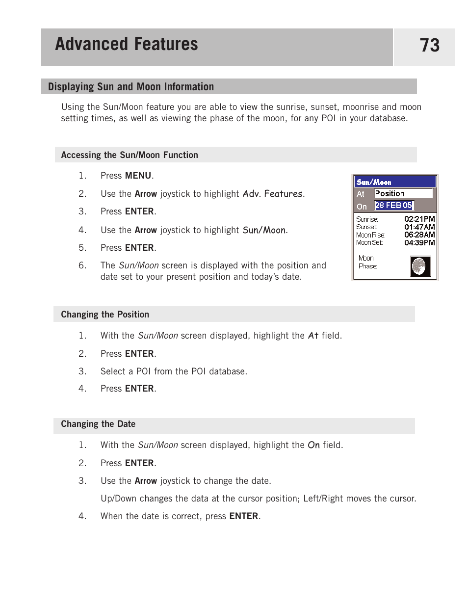 Displaying sun and moon information, Accessing the sun/moon function, Changing the position | Changing the date, Advanced features 73 | Magellan 500 User Manual | Page 80 / 119