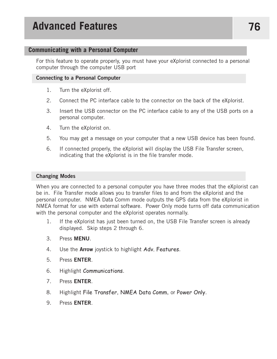 Communicating with a personal computer, Connecting to a personal computer, Changing modes | Advanced features 76 | Magellan 500 User Manual | Page 83 / 119