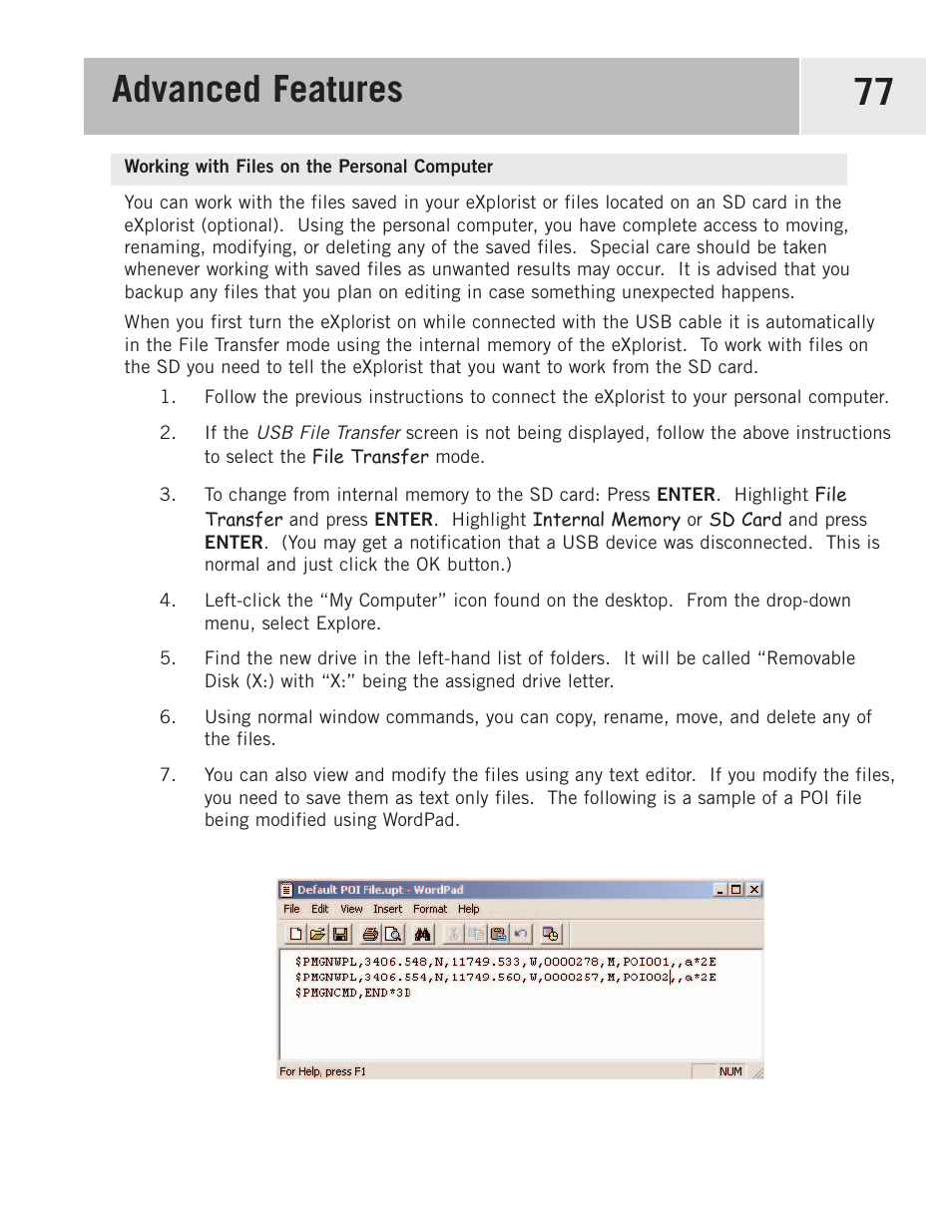 Working with files on the personal computer, Advanced features 77 | Magellan 500 User Manual | Page 84 / 119