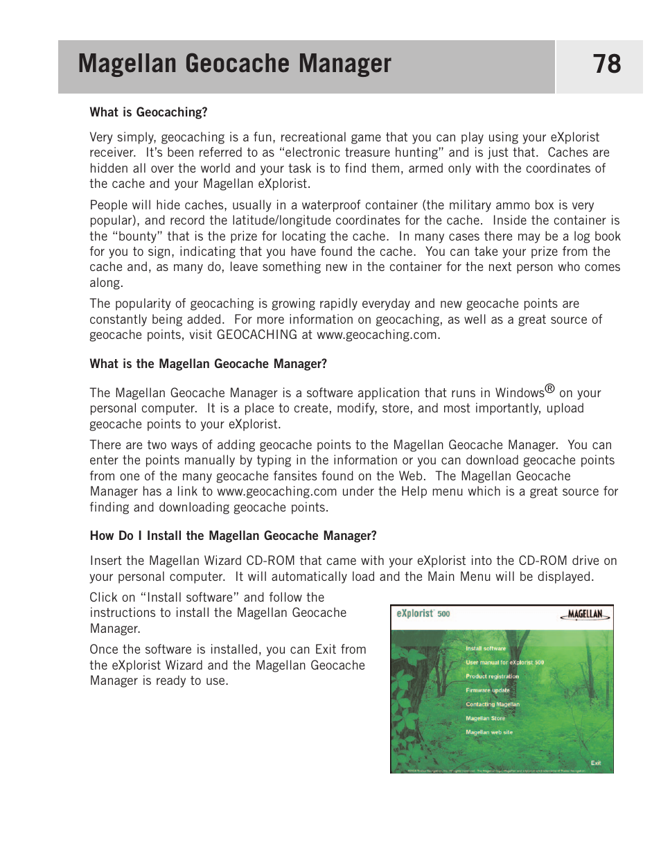 Magellan geocache manager, What is geocaching, What is the magellan geocache manager | How do i install the magellan geocache manager | Magellan 500 User Manual | Page 85 / 119