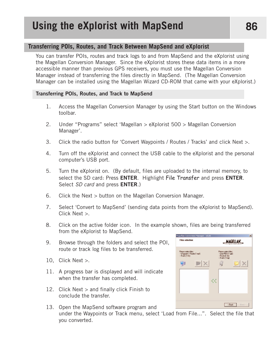 Transferring pois, routes, and track to mapsend, Using the explorist with mapsend 86 | Magellan 500 User Manual | Page 93 / 119