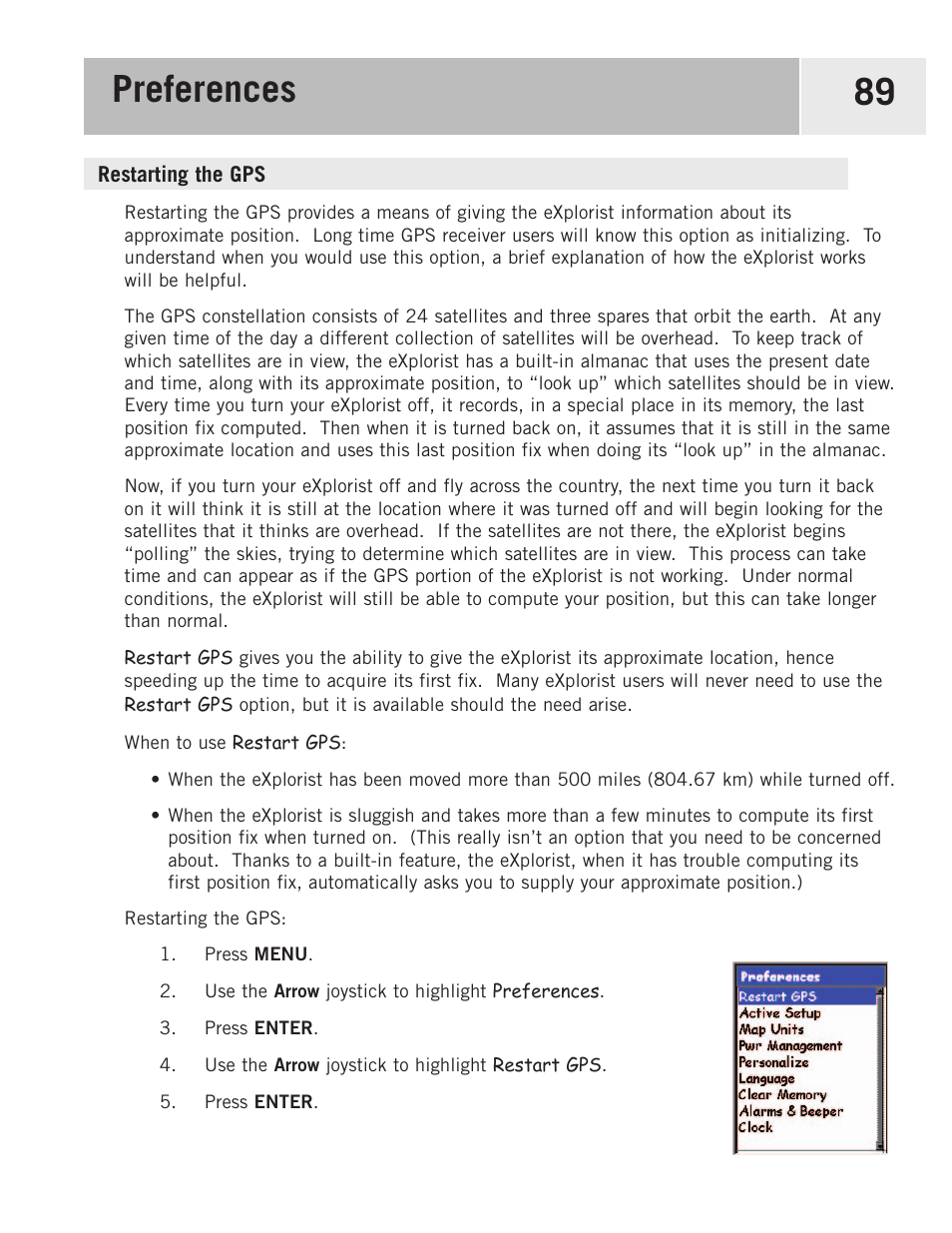 Restarting the gps, Preferences 89 | Magellan 500 User Manual | Page 96 / 119