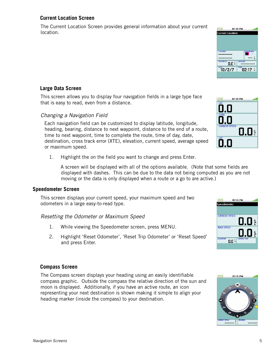 Changing a navigation field, Speedometer screen, Resetting the odometer or maximum speed | Current location screen, Large data screen, Compass screen | Magellan Triton 300 User Manual | Page 12 / 30