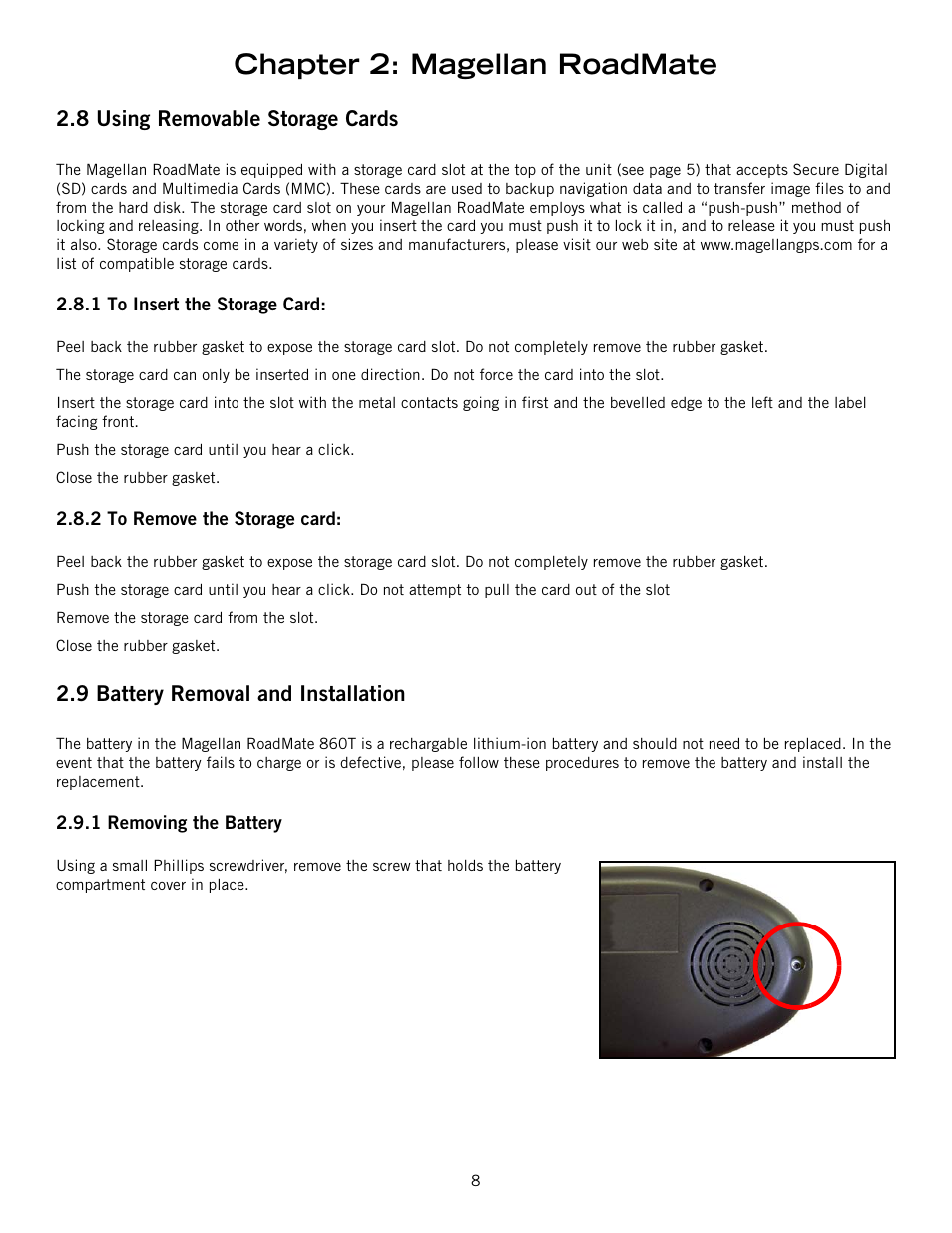 Chapter 2: magellan roadmate, 8 using removable storage cards, 9 battery removal and installation | Magellan ROADMATE 860T User Manual | Page 17 / 106