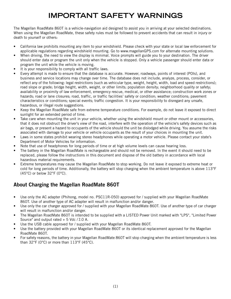 Important safety warnings, About charging the magellan roadmate 860t | Magellan ROADMATE 860T User Manual | Page 2 / 106