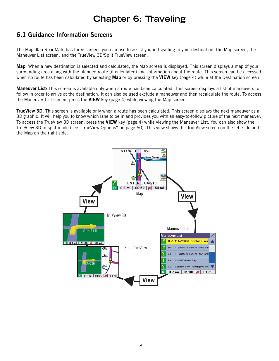 Chapter 6: traveling, 1 guidance information screens, View | Magellan ROADMATE 860T User Manual | Page 27 / 106