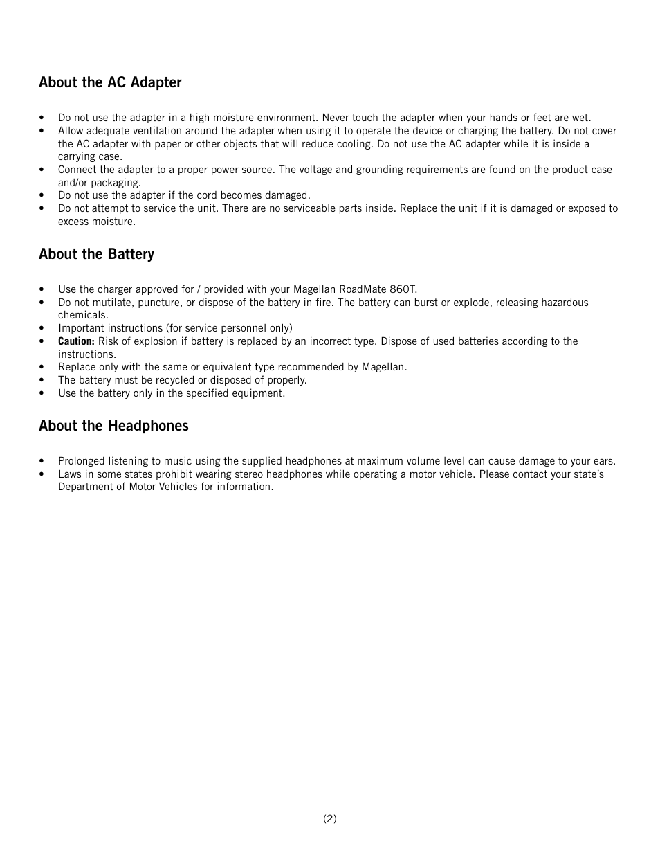About the ac adapter, About the battery, About the headphones | Magellan ROADMATE 860T User Manual | Page 3 / 106