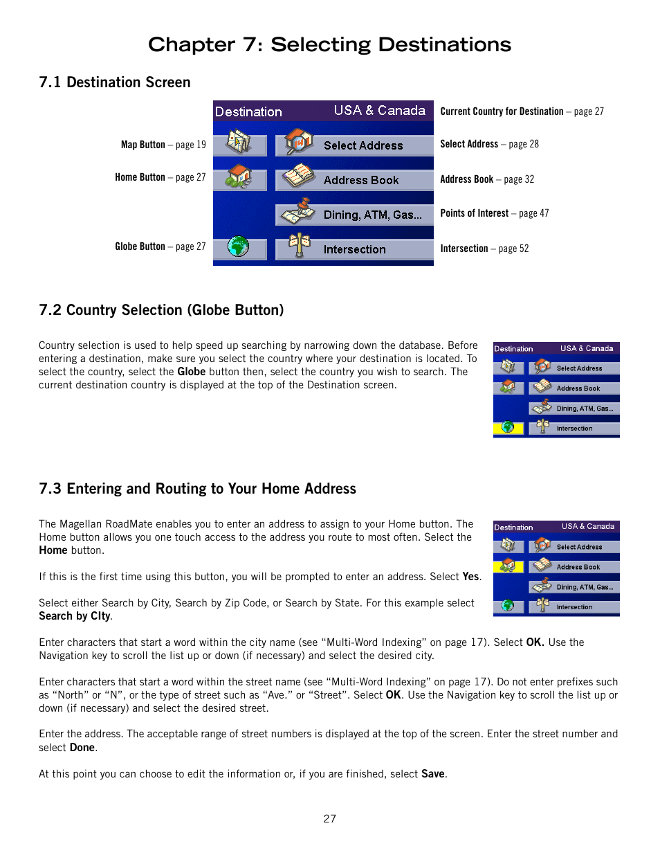 Chapter 7: selecting destinations, 3 entering and routing to your home address | Magellan ROADMATE 860T User Manual | Page 36 / 106
