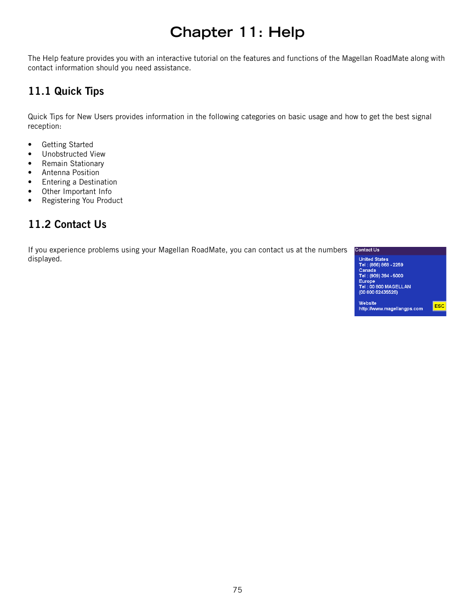 Chapter 11: help, 1 quick tips, 2 contact us | Magellan ROADMATE 860T User Manual | Page 84 / 106