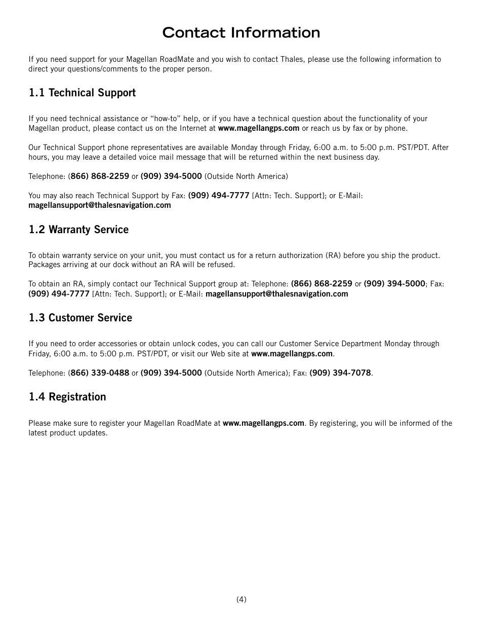 Contact information, 1 technical support, 2 warranty service | 3 customer service, 4 registration | Magellan ROADMATE 860T User Manual | Page 9 / 106