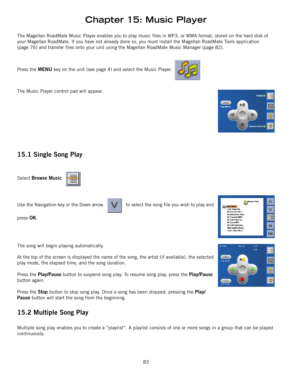 Chapter 15: music player, 1 single song play, 2 multiple song play | Magellan ROADMATE 860T User Manual | Page 92 / 106