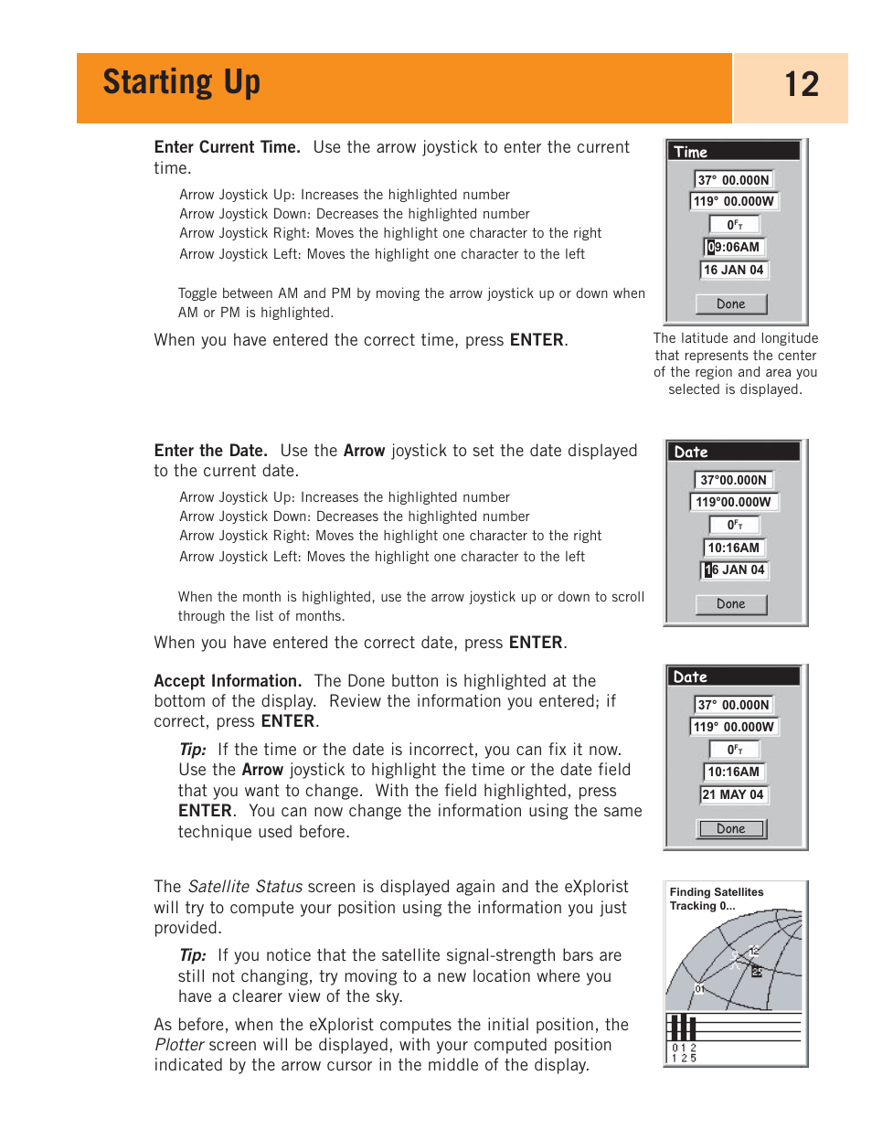 Starting up 12, Satellite status, Plotter | Magellan eXplorist 100 User Manual | Page 17 / 77