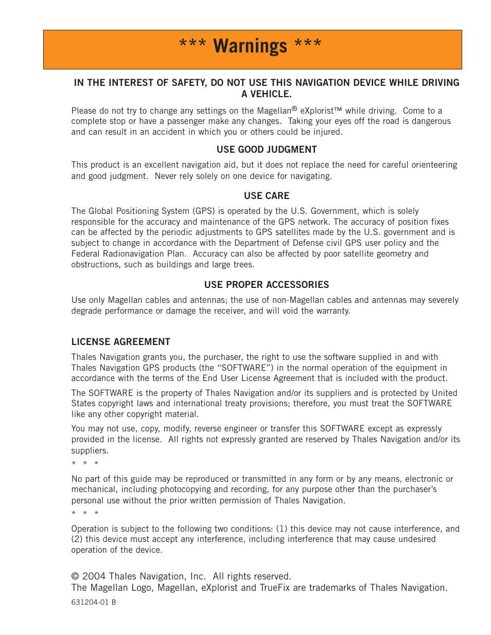 Warnings | Magellan eXplorist 100 User Manual | Page 2 / 77