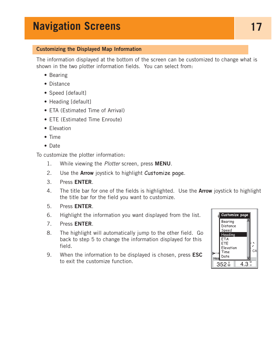 Customizing the displayed map information, Navigation screens 17 | Magellan eXplorist 100 User Manual | Page 22 / 77