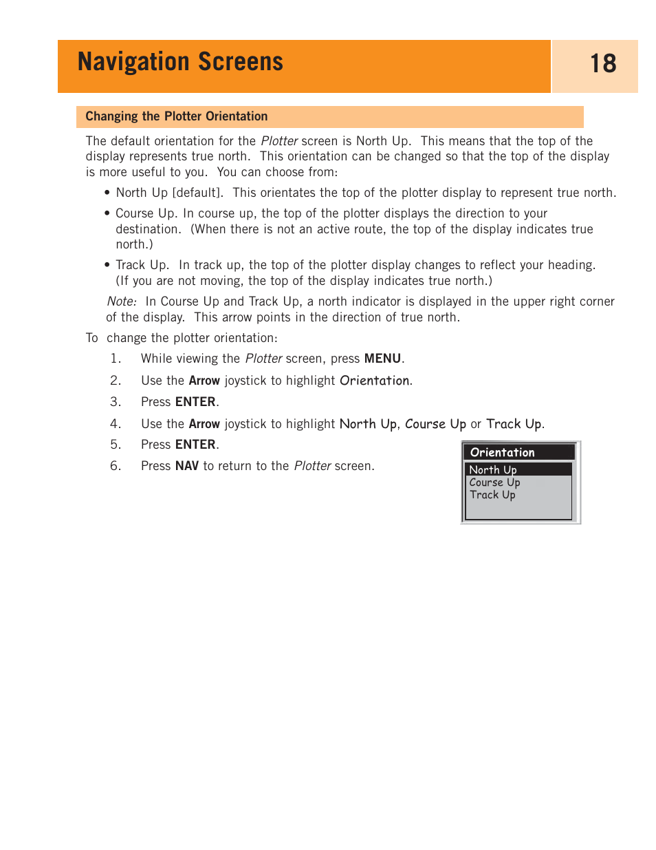Changing the plotter orientation, Navigation screens 18 | Magellan eXplorist 100 User Manual | Page 23 / 77