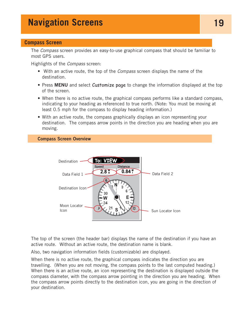 Compass screen, Compass screen overview, Navigation screens 19 | Magellan eXplorist 100 User Manual | Page 24 / 77