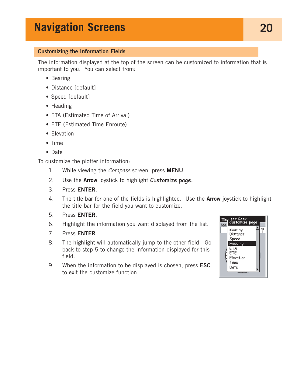 Customizing the information fields, Navigation screens 20 | Magellan eXplorist 100 User Manual | Page 25 / 77