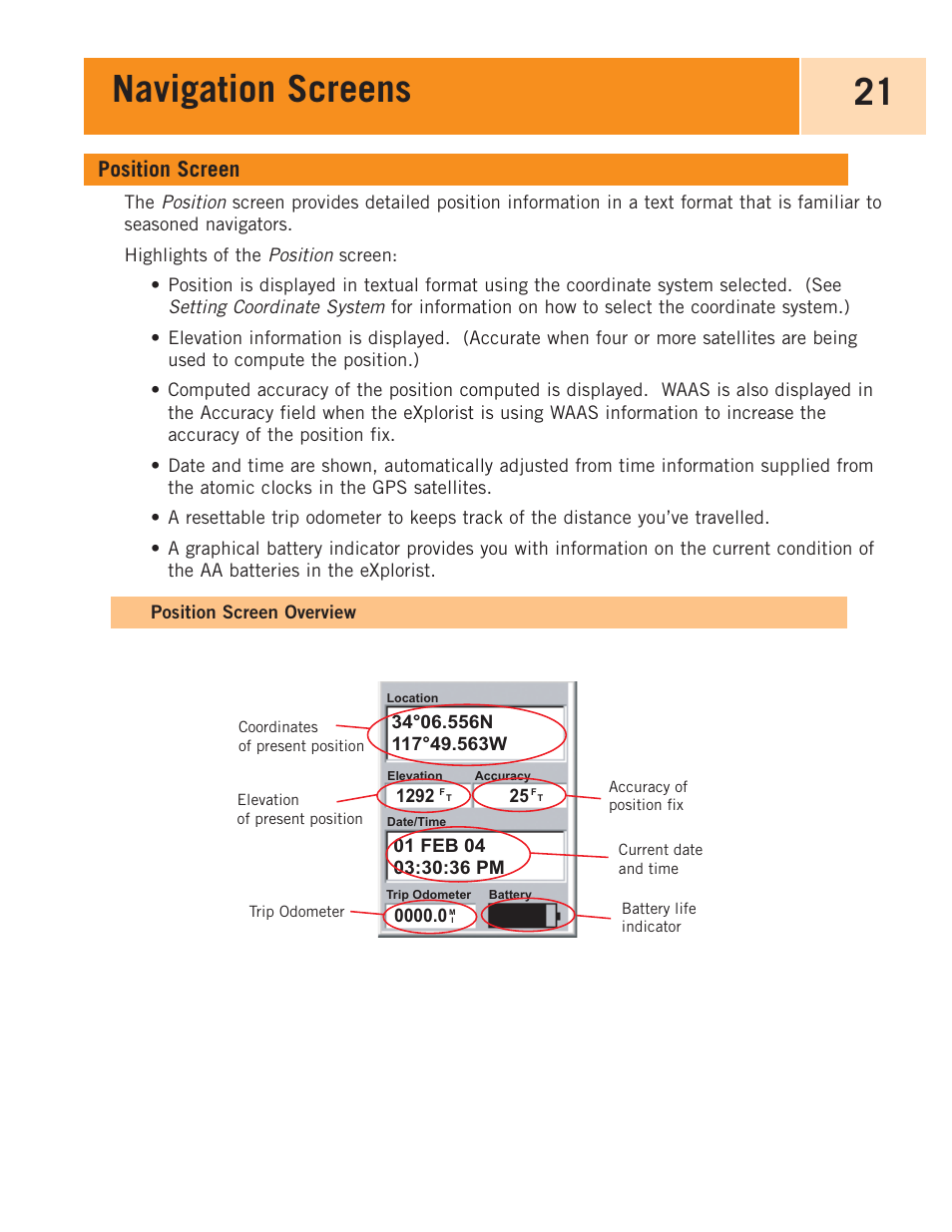 Position screen, Position screen overview, Navigation screens 21 | Magellan eXplorist 100 User Manual | Page 26 / 77