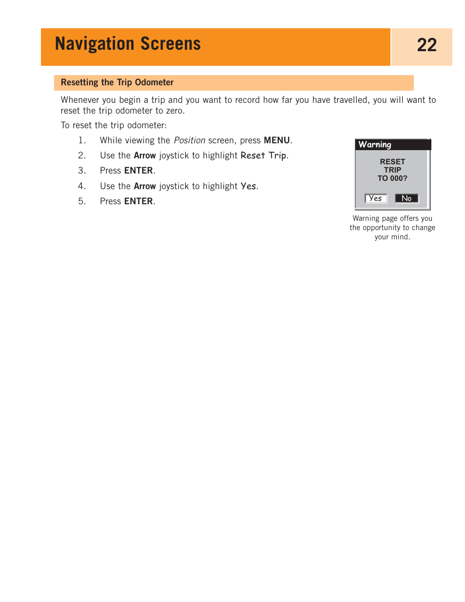 Resetting the trip odometer, Navigation screens 22 | Magellan eXplorist 100 User Manual | Page 27 / 77