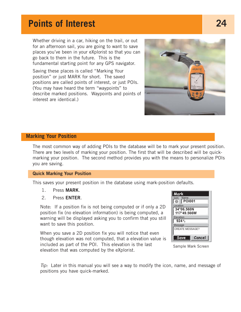 Points of interest, Marking your position, Quick marking your position | Quick-marking your position | Magellan eXplorist 100 User Manual | Page 29 / 77