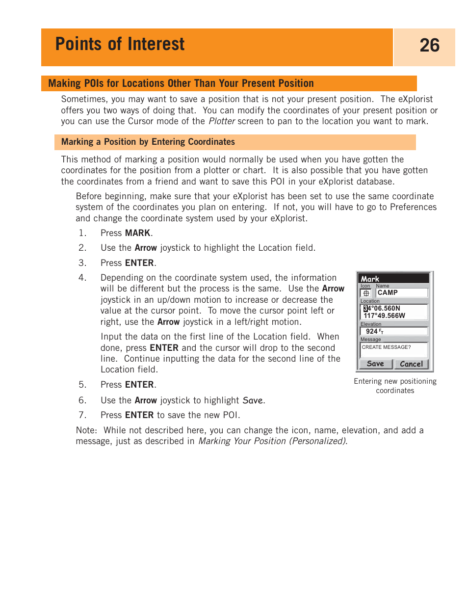 Marking a position by entering coordinates, Points of interest 26 | Magellan eXplorist 100 User Manual | Page 31 / 77