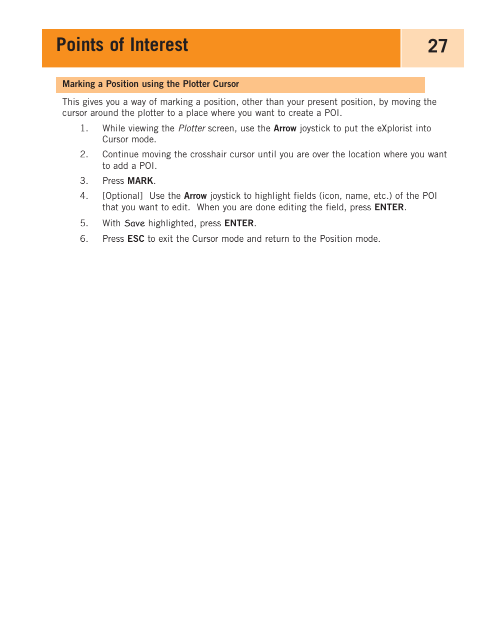 Marking a position using the plotter cursor, Points of interest 27 | Magellan eXplorist 100 User Manual | Page 32 / 77