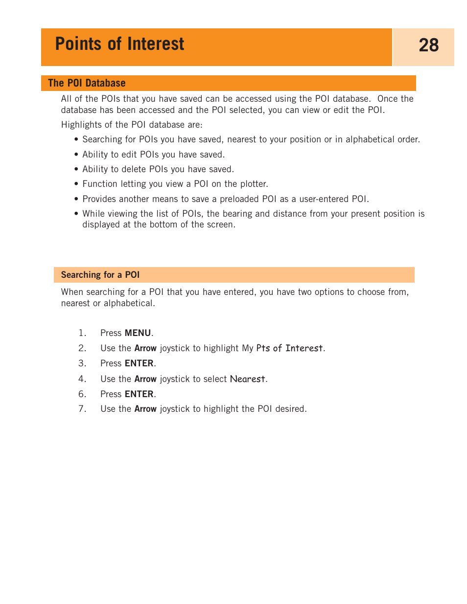 The poi database, Searching for a poi, Points of interest 28 | Magellan eXplorist 100 User Manual | Page 33 / 77