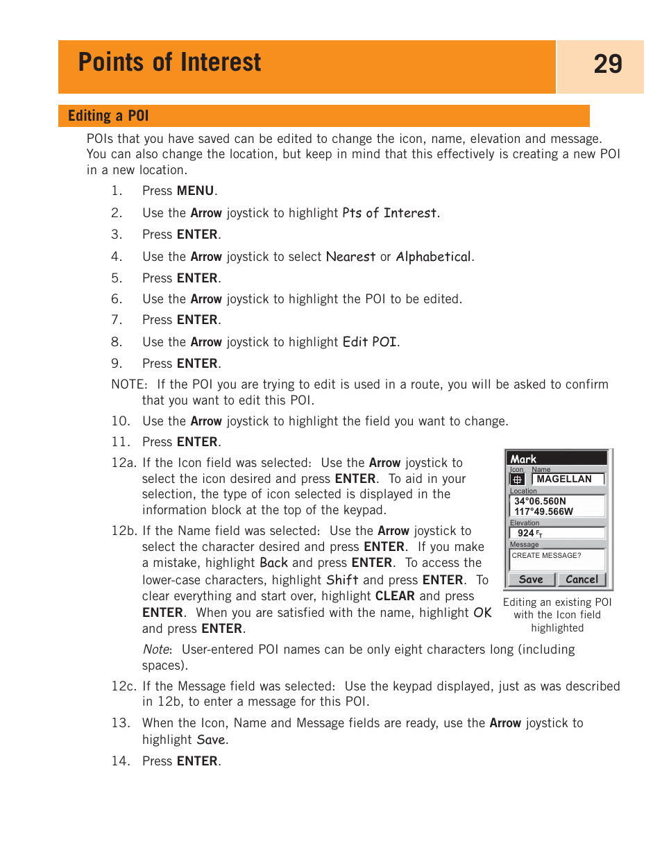 Editing a poi, Points of interest 29 | Magellan eXplorist 100 User Manual | Page 34 / 77