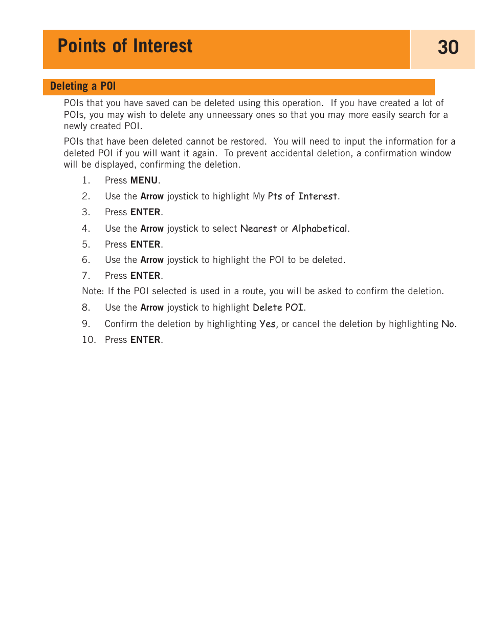 Deleting a poi, Points of interest 30 | Magellan eXplorist 100 User Manual | Page 35 / 77