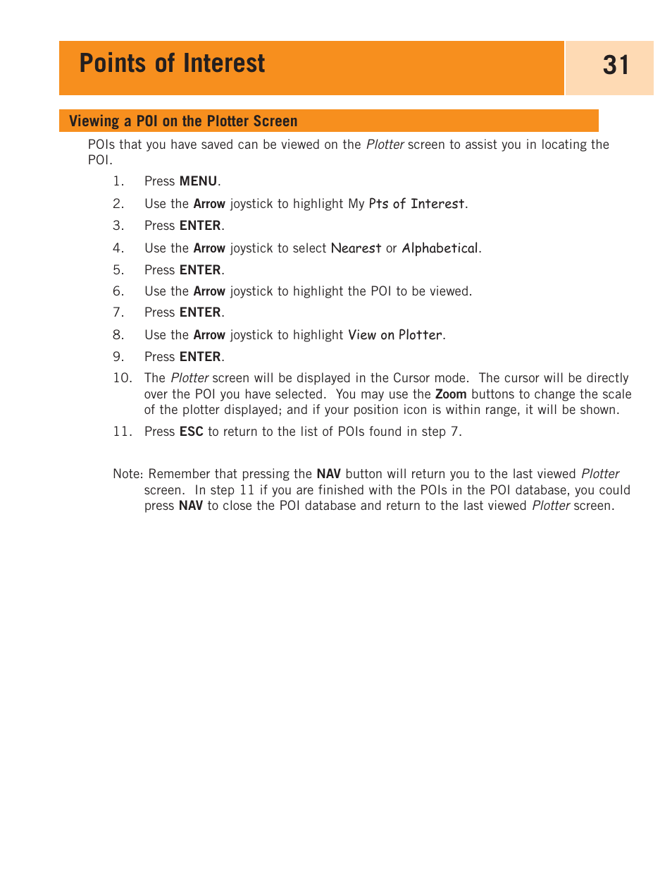Viewing a poi on the plotter screen, Points of interest 31 | Magellan eXplorist 100 User Manual | Page 36 / 77