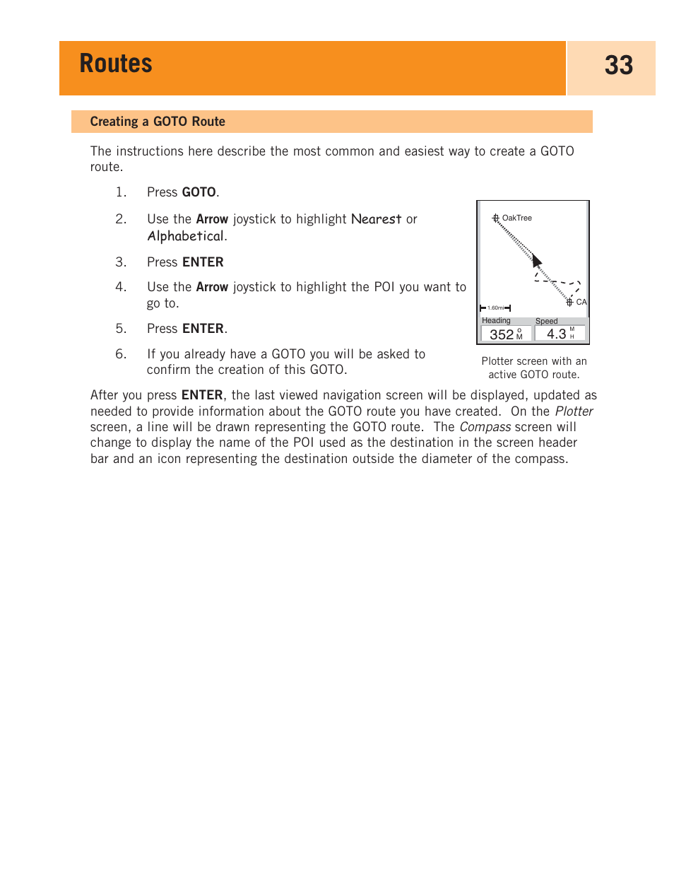 Creating a goto route, Routes 33 | Magellan eXplorist 100 User Manual | Page 38 / 77