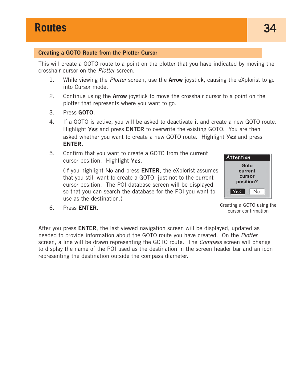 Creating a goto route from the plotter cursor, Creating a goto route from the cursor, Routes 34 | Magellan eXplorist 100 User Manual | Page 39 / 77