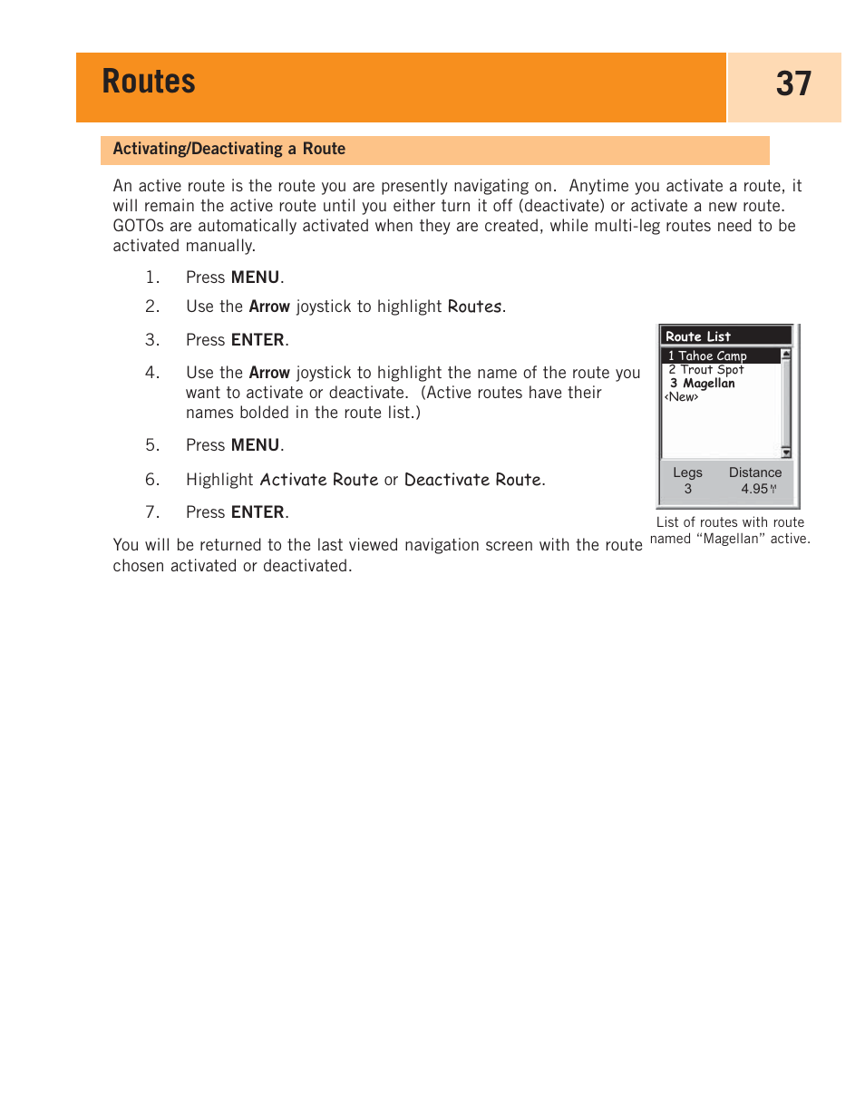 Activating/deactivating a route, Routes 37 | Magellan eXplorist 100 User Manual | Page 42 / 77