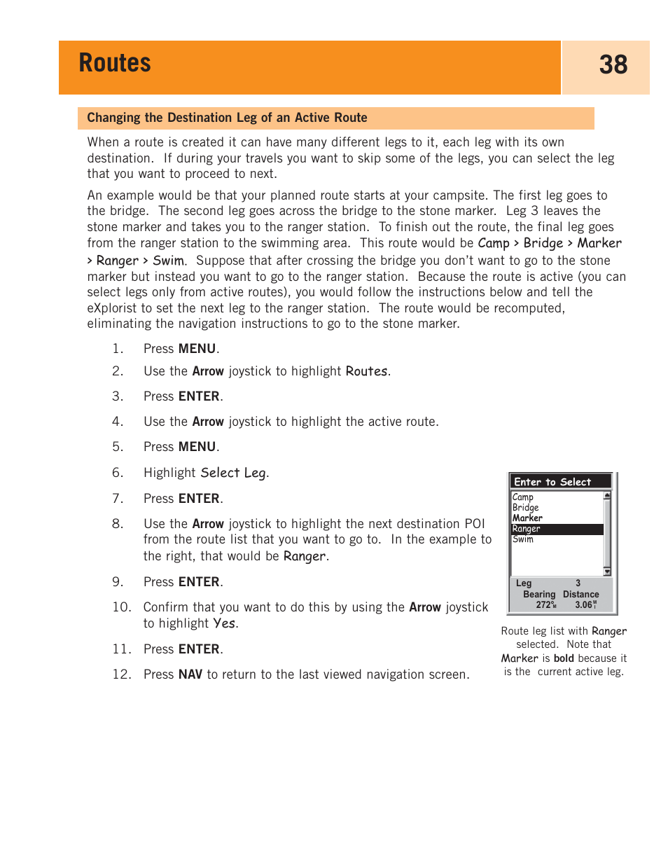 Changing the destination leg of an active route, Routes 38 | Magellan eXplorist 100 User Manual | Page 43 / 77